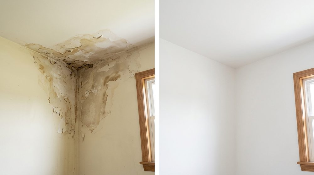 Antes y despues: techo con humedad y moho, y el mismo techo seco